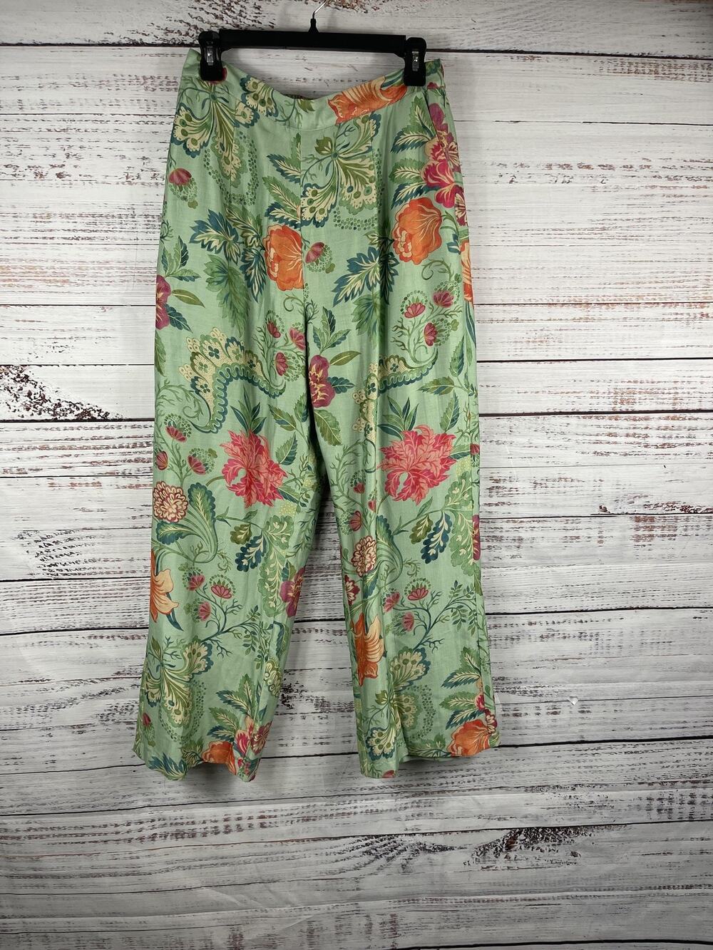 Paulmi & Harsh Pants Women's SZ XL Green Floral Print Elastic Waist Lounge Boho